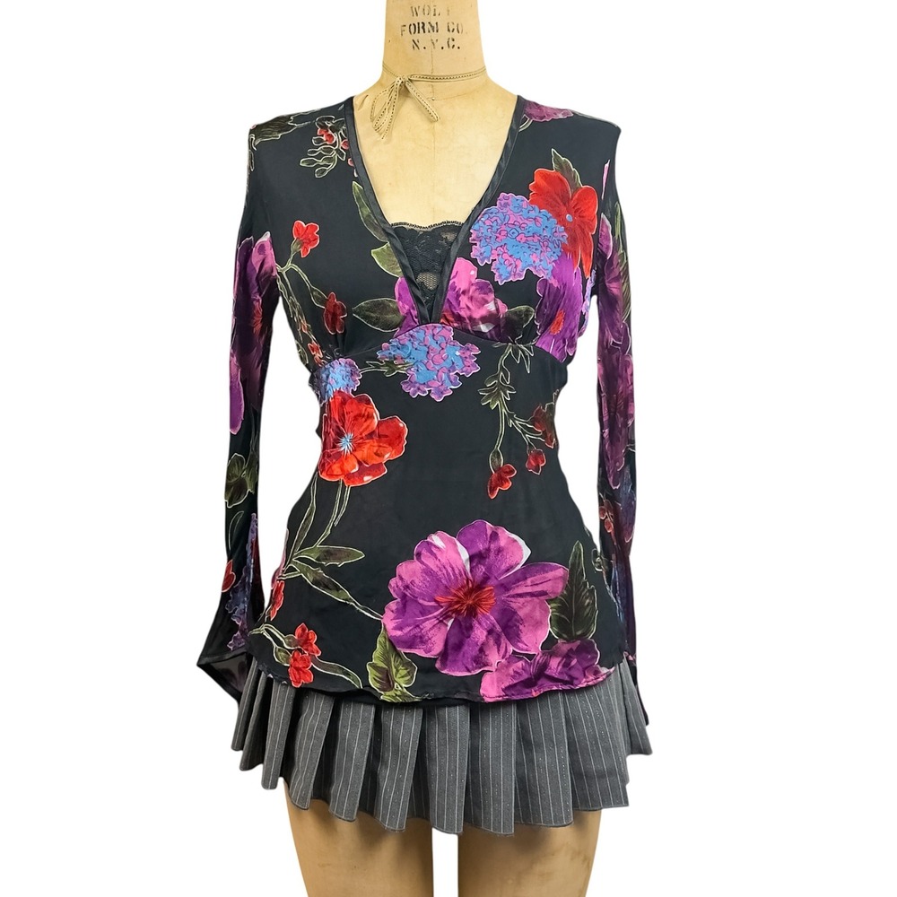 Cache Whimsygoth Silk Sheer Floral Blouse Velvet Print Dark Romantic Small